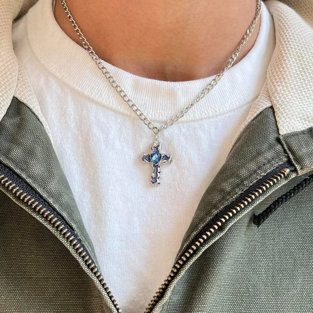y2k 2000s grunge crystal cross pendant necklace
